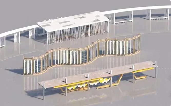 A 3D Rendering Of A Building With A Curved Roof And A Yellow 3D Model – 10010 – VRAY Render