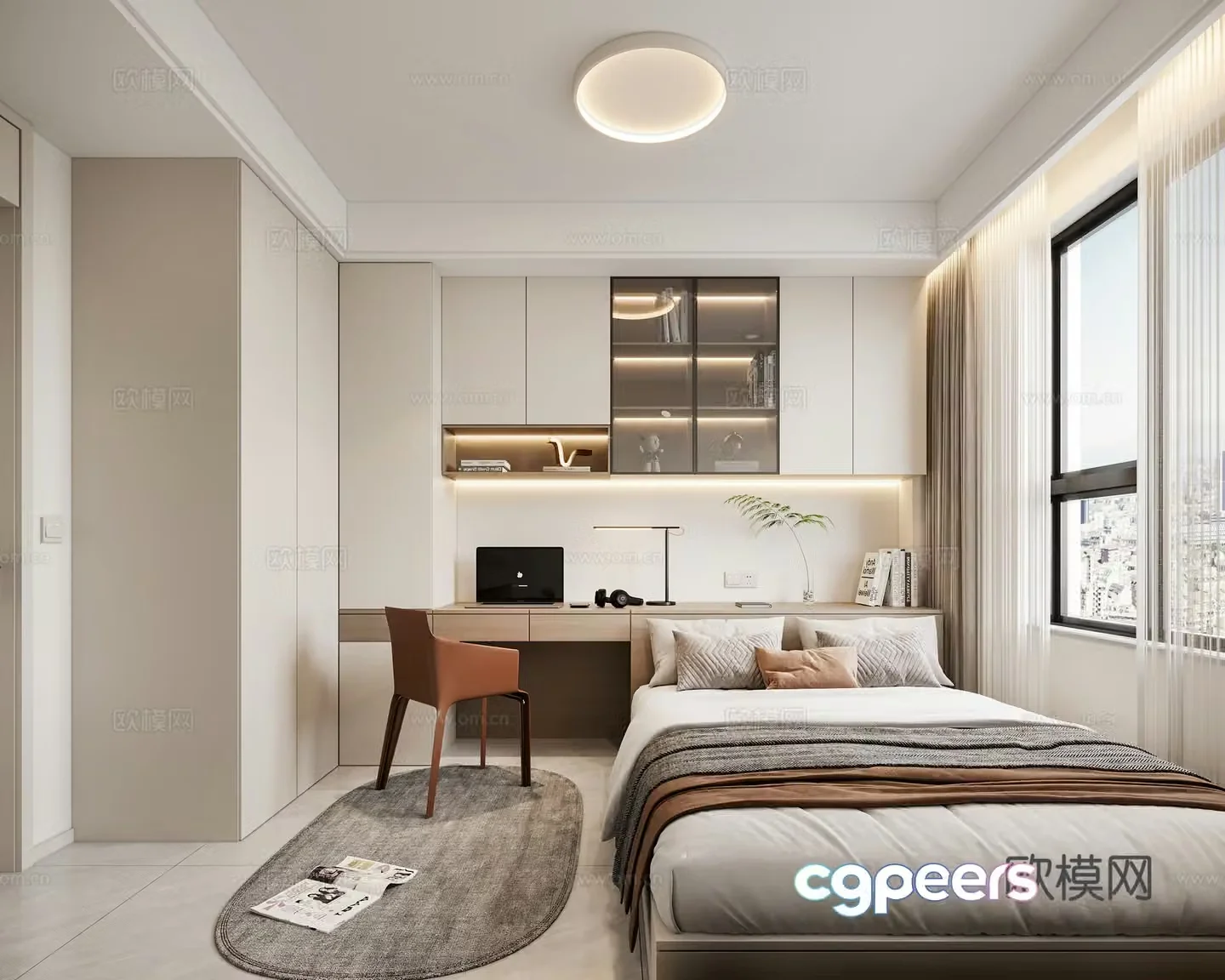 Modern tatami bedroom desk chair bookcase ceiling light curtain 3d model