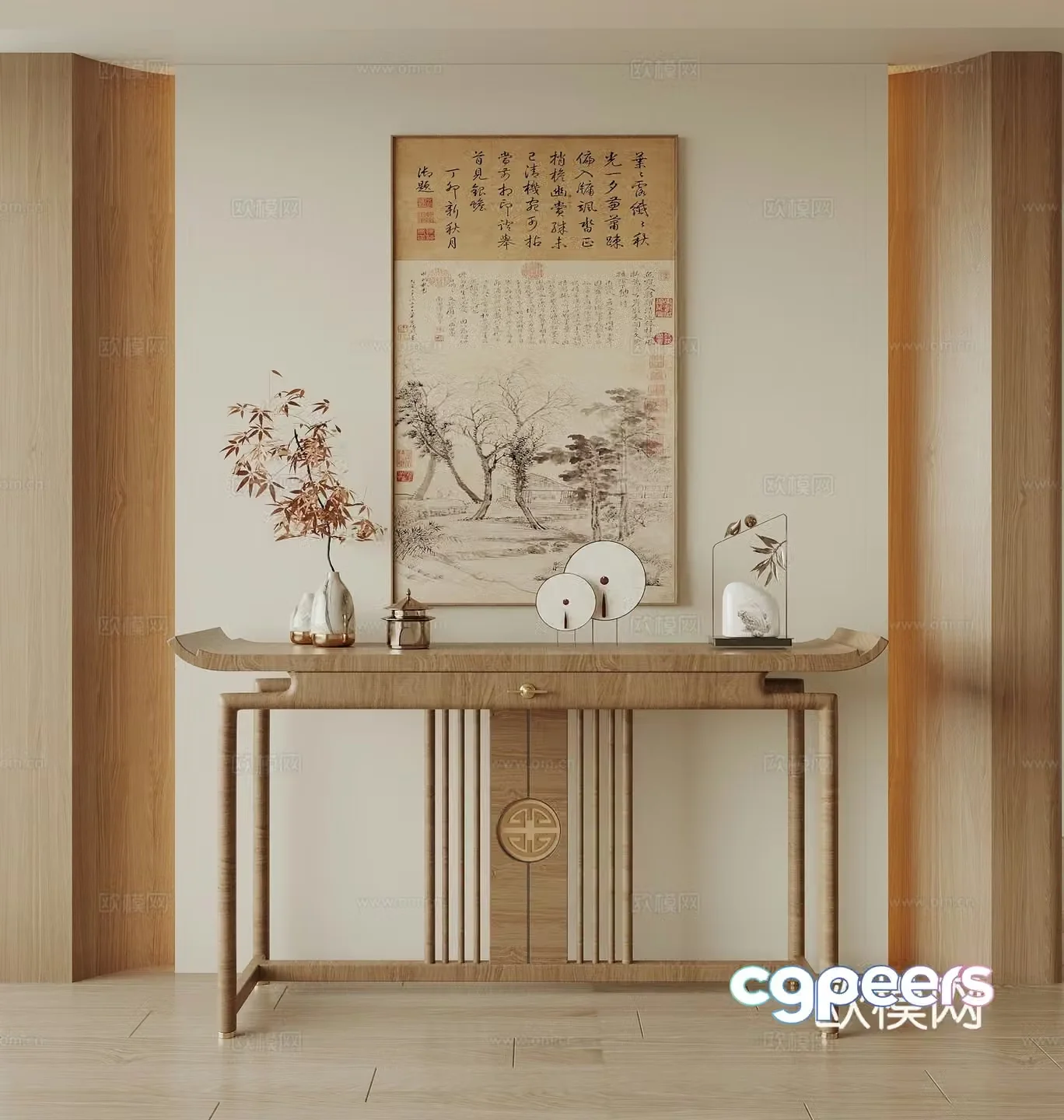 Song style entrance hall new Chinese style entrance hall end view terrace entrance cabinet end view plan hanging painting vase 3D model