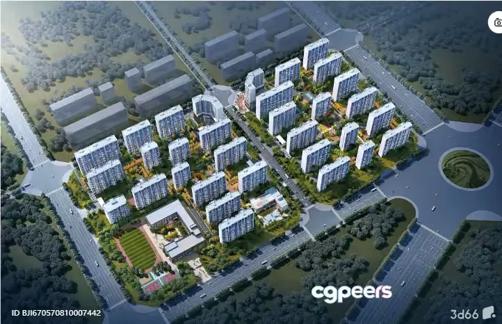 A 3D Architectural Rendering Of A City Block With Buildings And Roads 3D Model – 8674 – VRAY Render