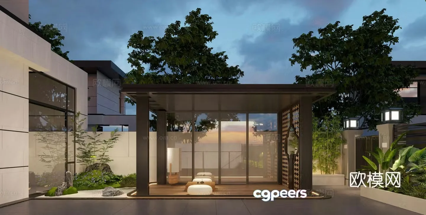 New Chinese style courtyard sun room tea room villa garden yard bting green plants stone 3d model
