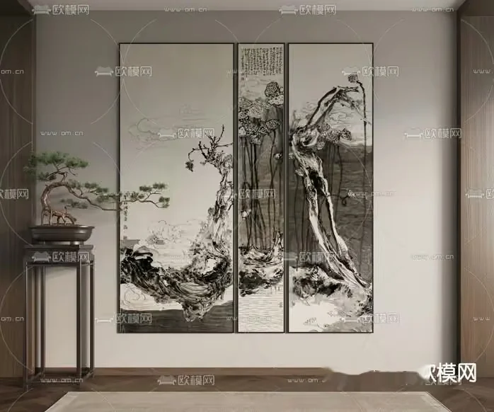 A Black And White Painting Of Trees 3D Model – 6413 – VRAY Render