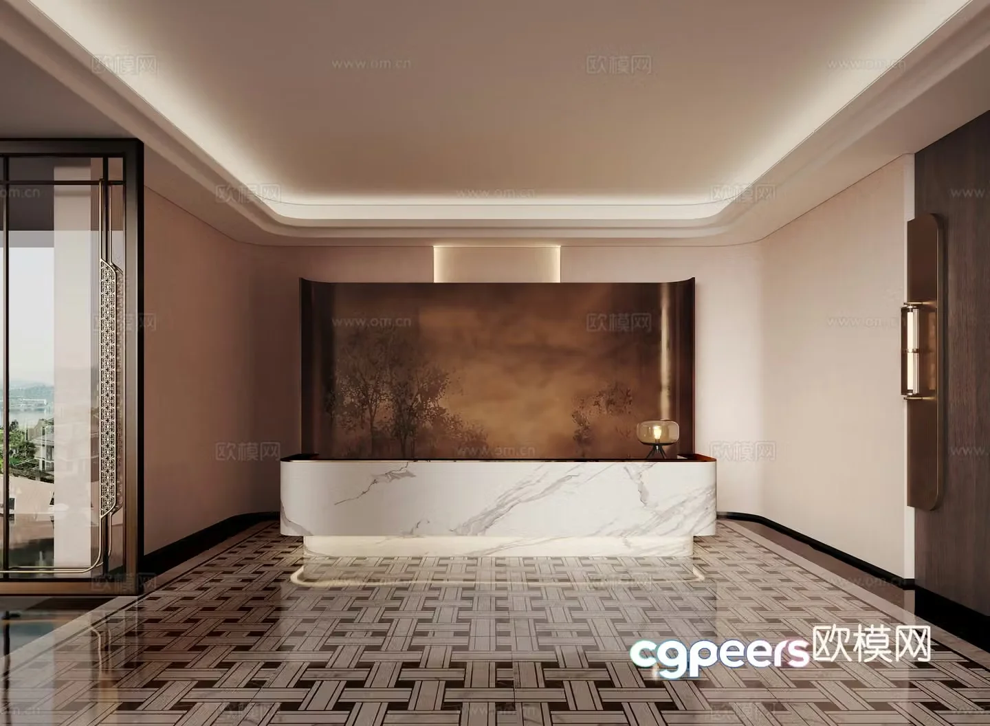 Modern hotel club reception desk office front desk office front desk metal background wall 3d model