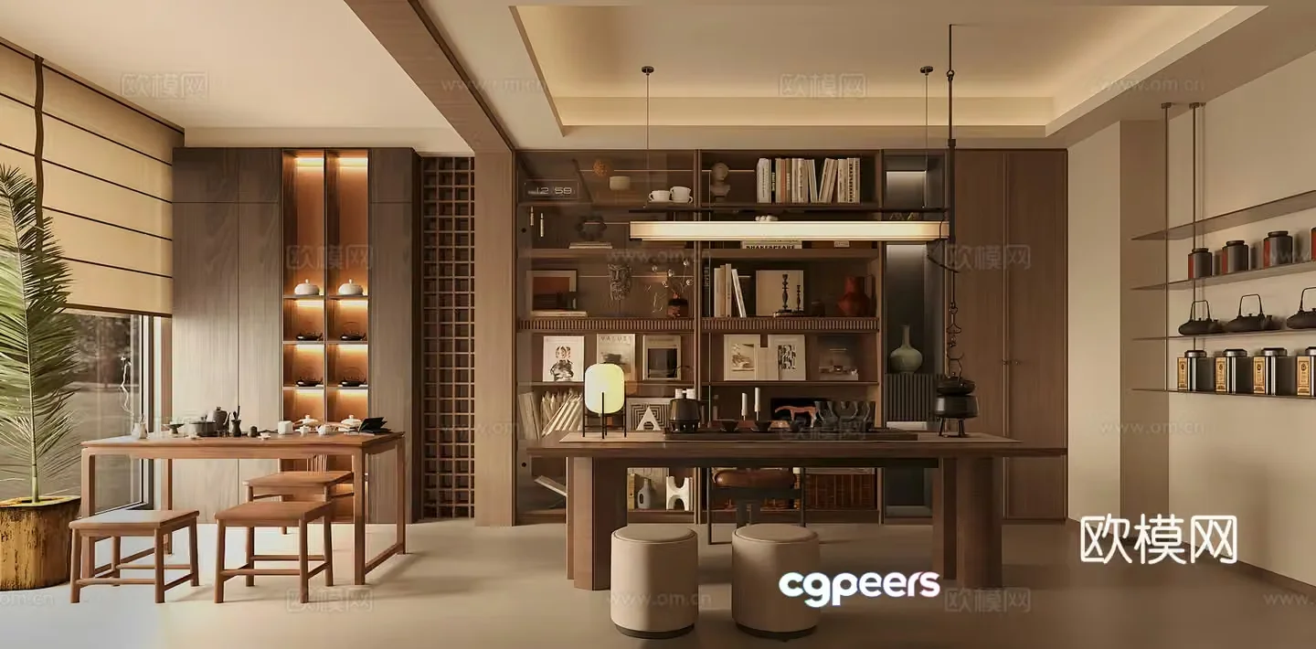 New Chinese-style Zen tea room tea tasting area tea table and chair open study Song-style aesthetic tea room 3D model