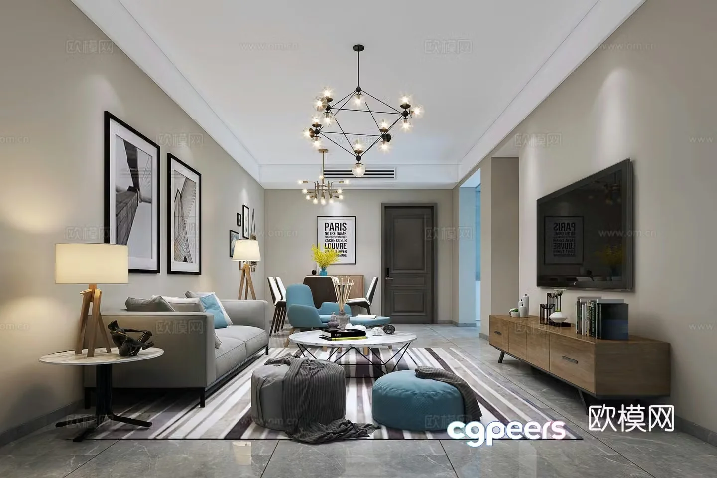 Modern living and dining room sofa and coffee table TV cabinet dining table 3D model