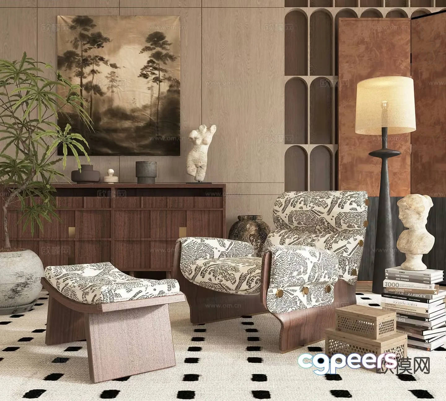 Medieval style single sofa leisure sofa footrest 3d model