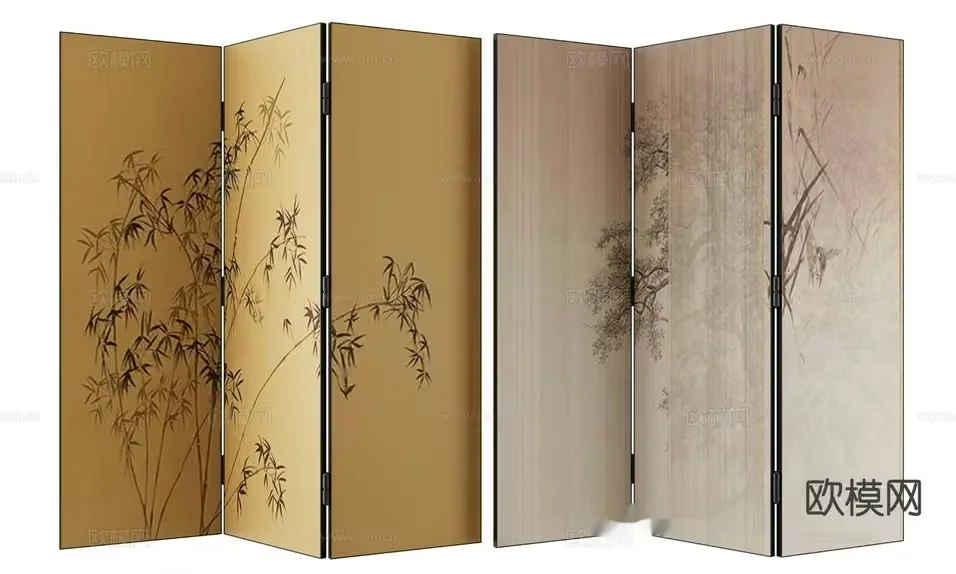 Four-Panel Folding Screen With Bamboo And Tree Designs 3D Model – 12149 – VRAY Render