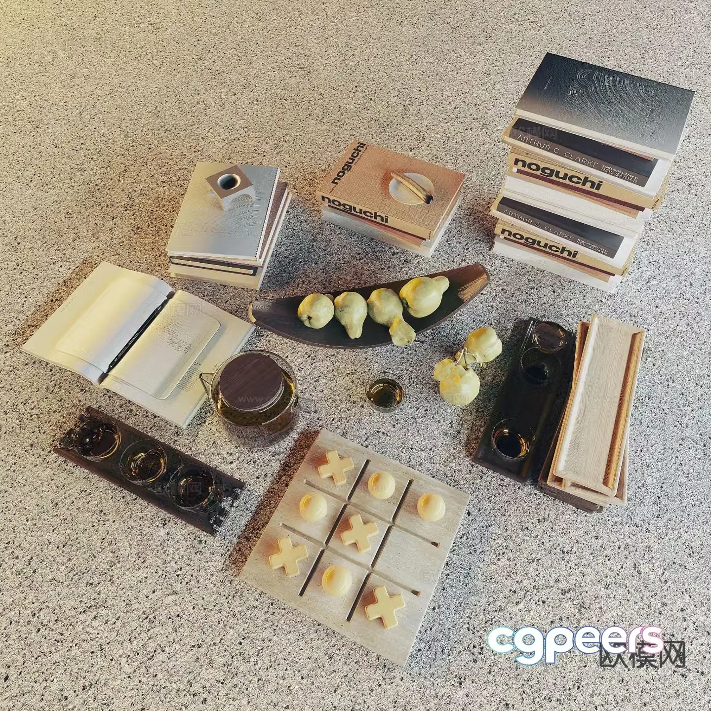 Modern decorations tableware chessboard books 3d model