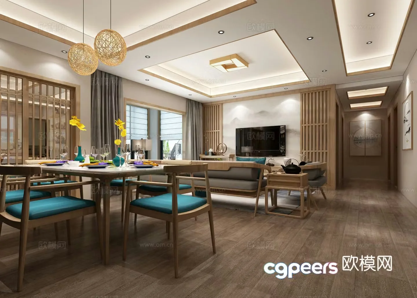 Japanese living and dining room sofa coffee table dining table chair chandeliers stools cabinets TV cabinets 3D model