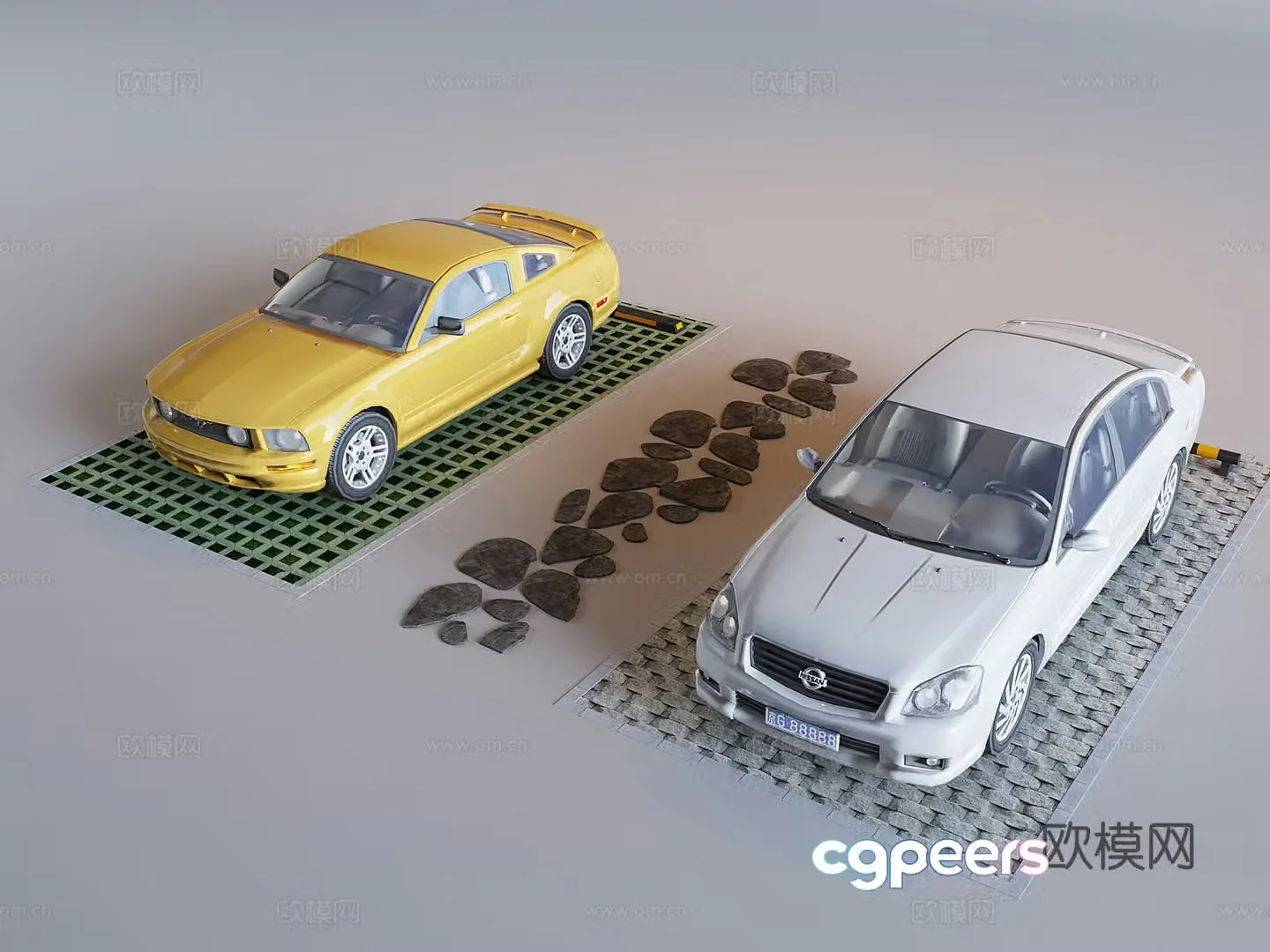 Outdoor public parking space grass-planted permeable brick parking space cement brick parking lot 3D model