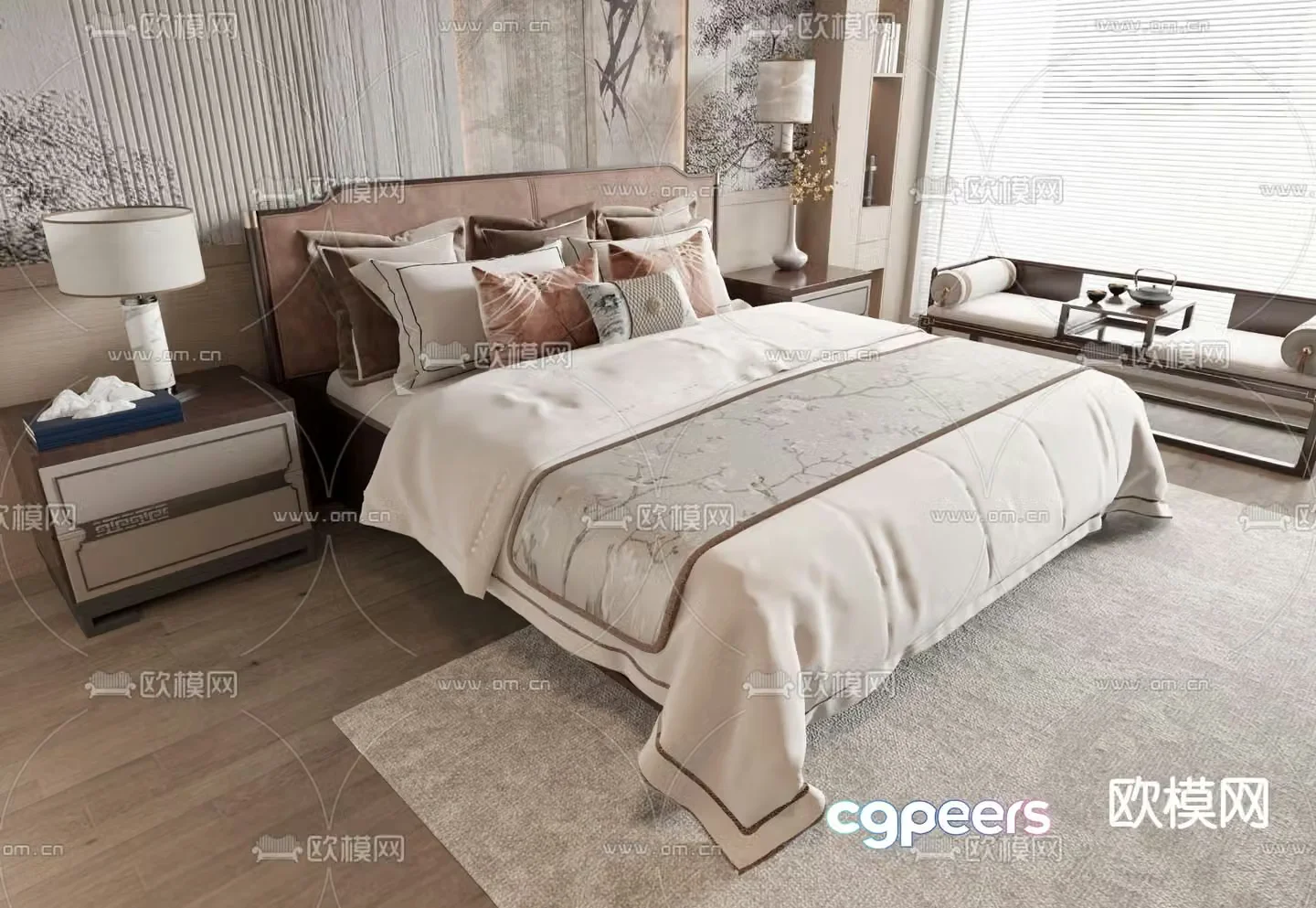 New Chinese style double bed 3d model