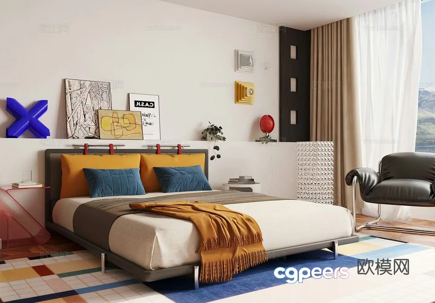 Modern minimalist master bedroom Bauhaus bedroom Double bed Dopamine Memphis Ornament 3D model