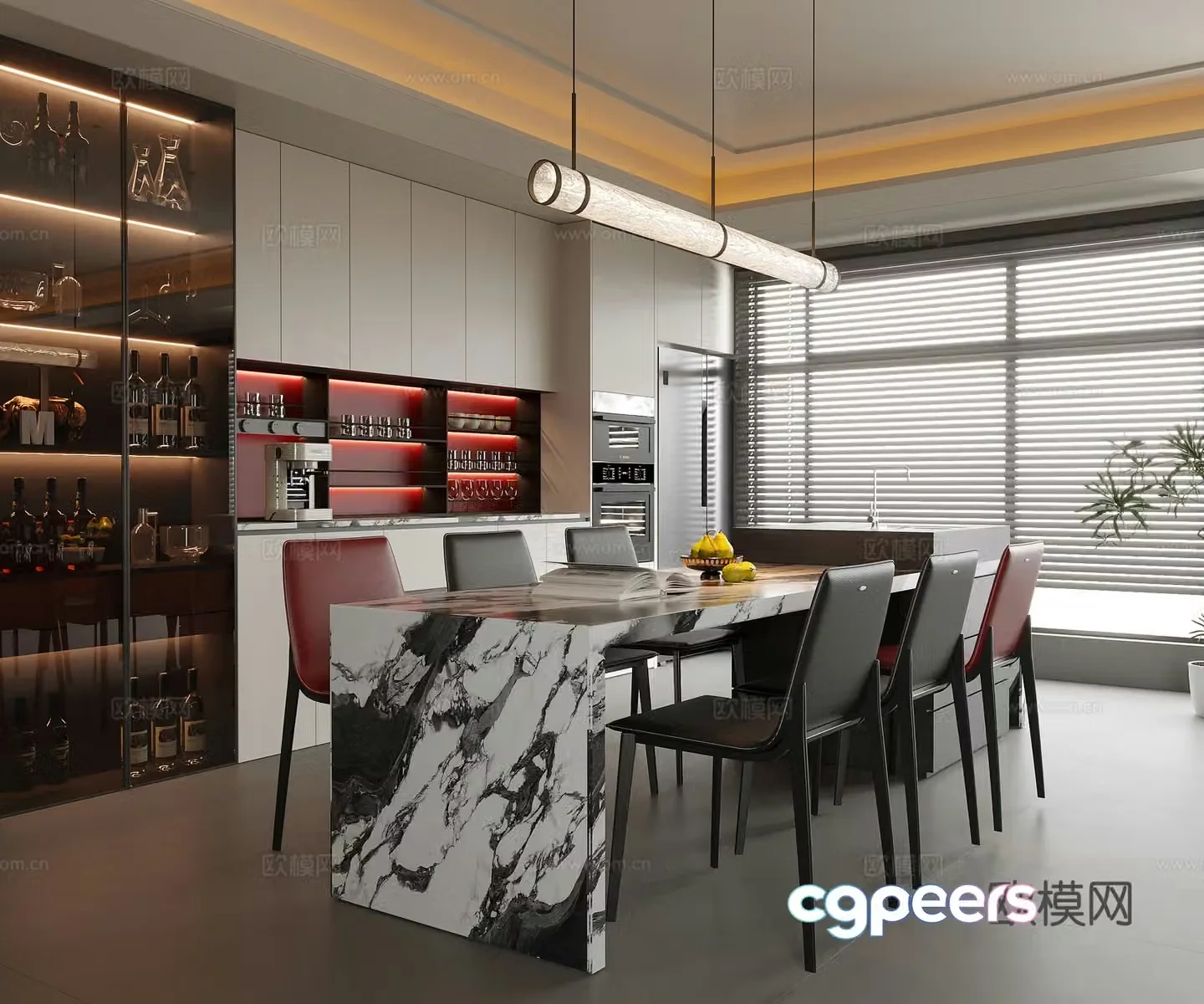 Modern restaurant Island dining table Dining chair Sideboard Wine cabinet 3d model