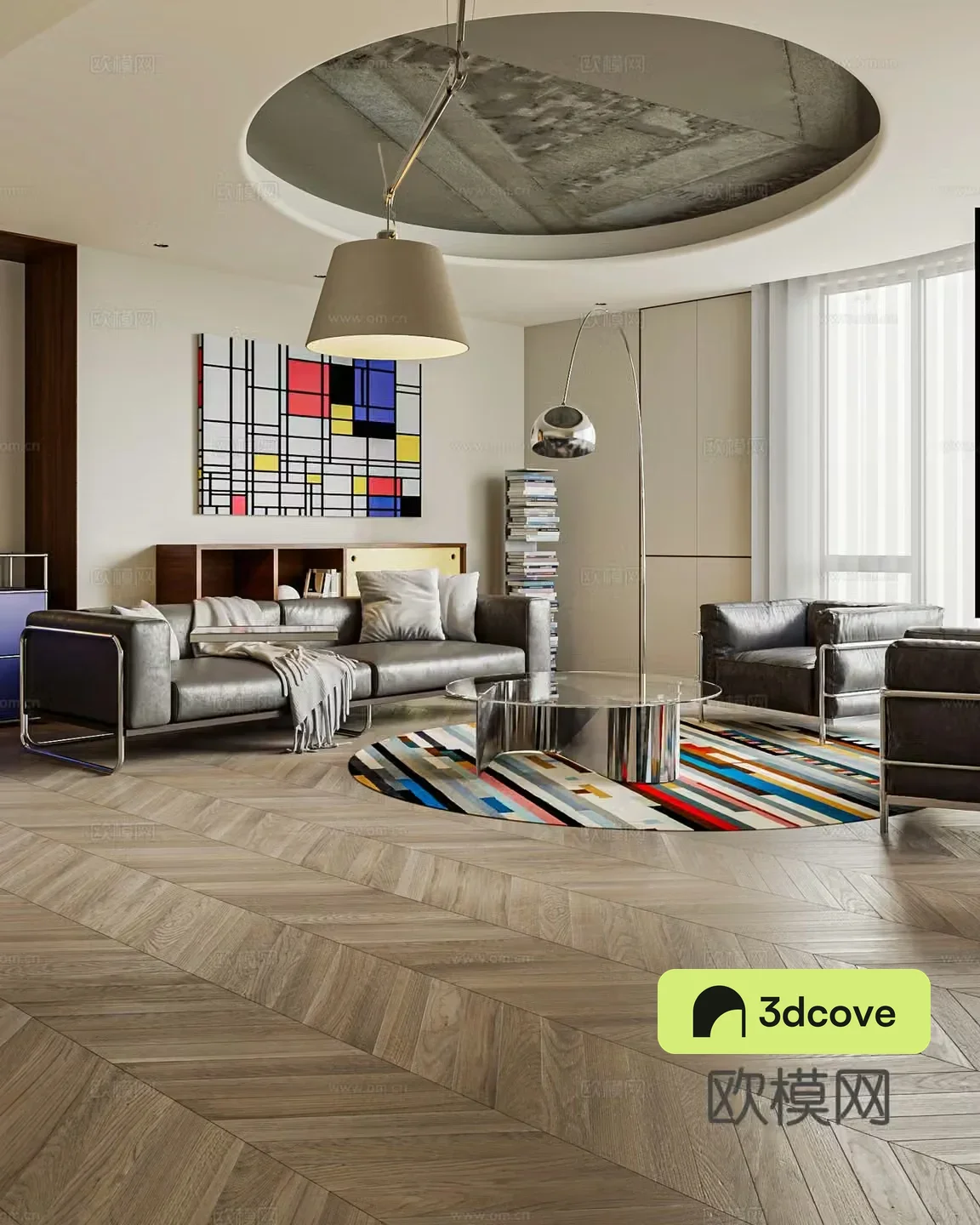 Modern Bauhaus living room usm chest of drawers metal leather sofa medieval round table living room without owner light