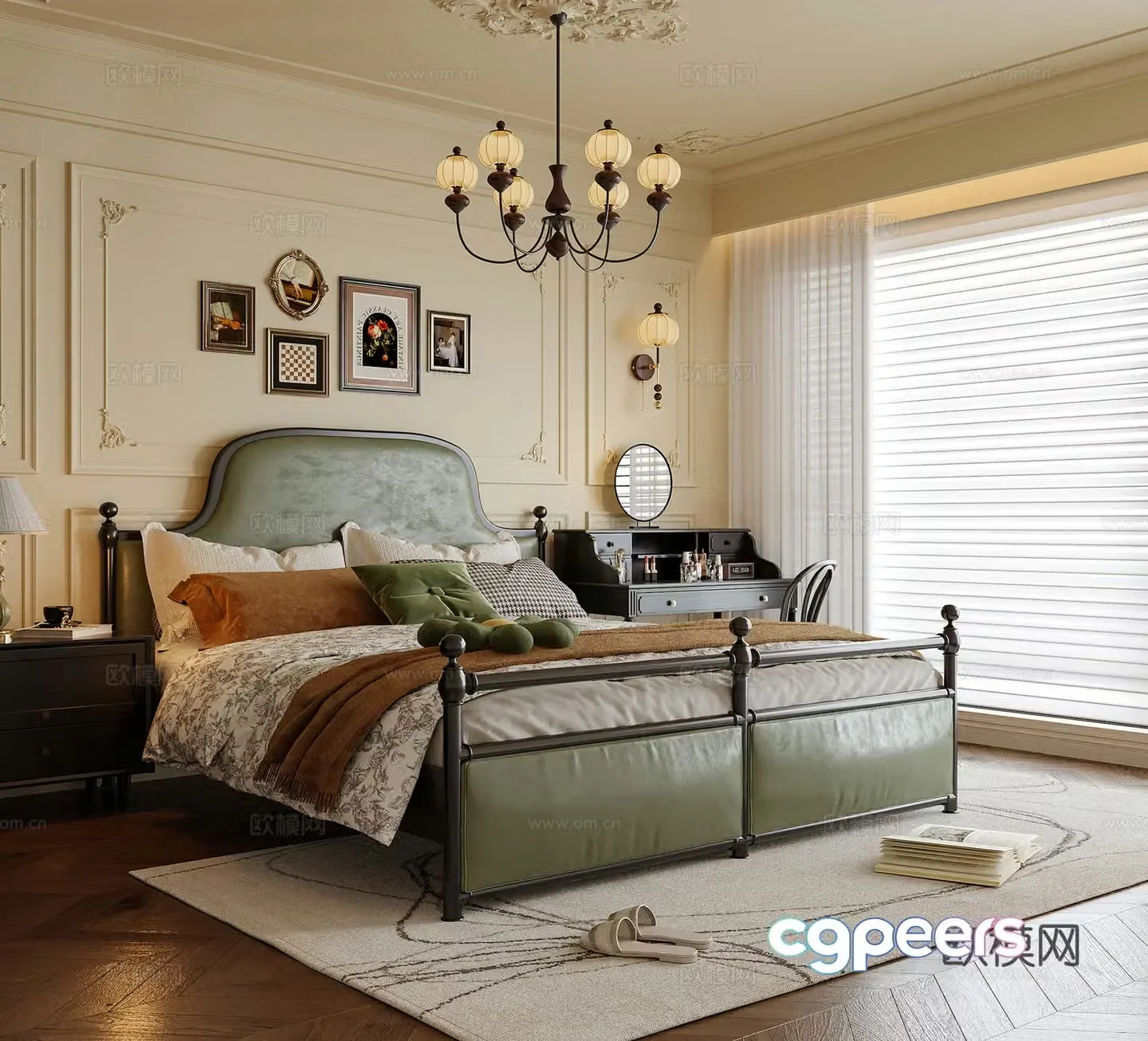 American bedroom double bed bedroom chandeliers dressing table bedside table 3D model