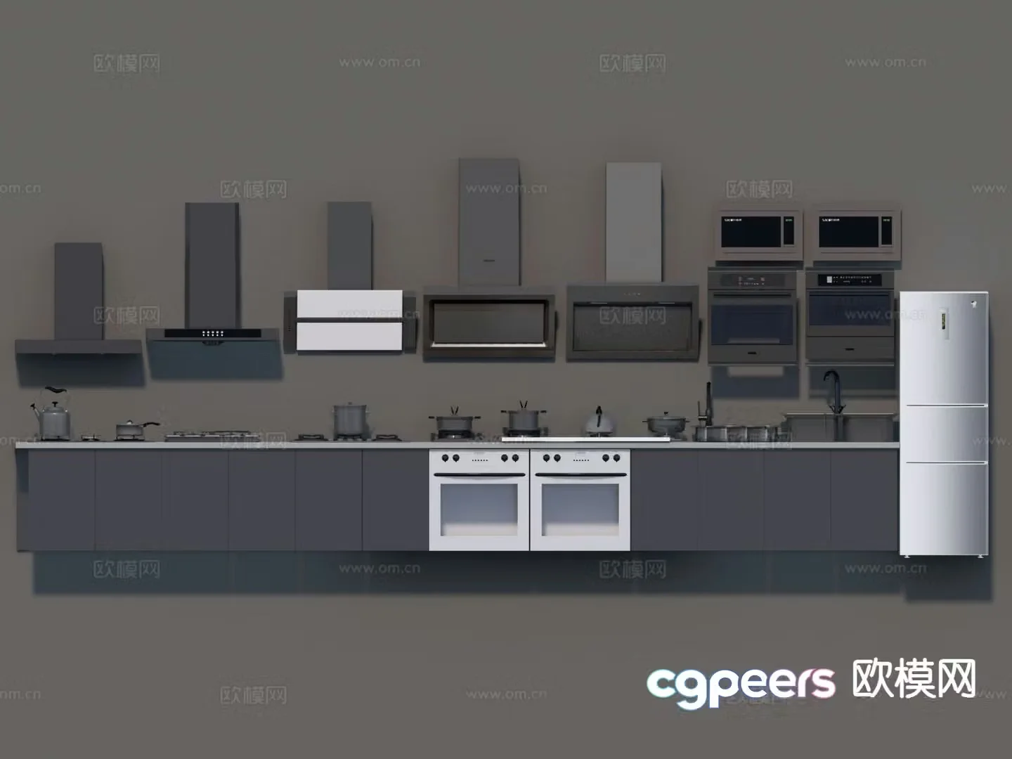Modern refrigerator range hood microwave oven kitchen utensils 3d model