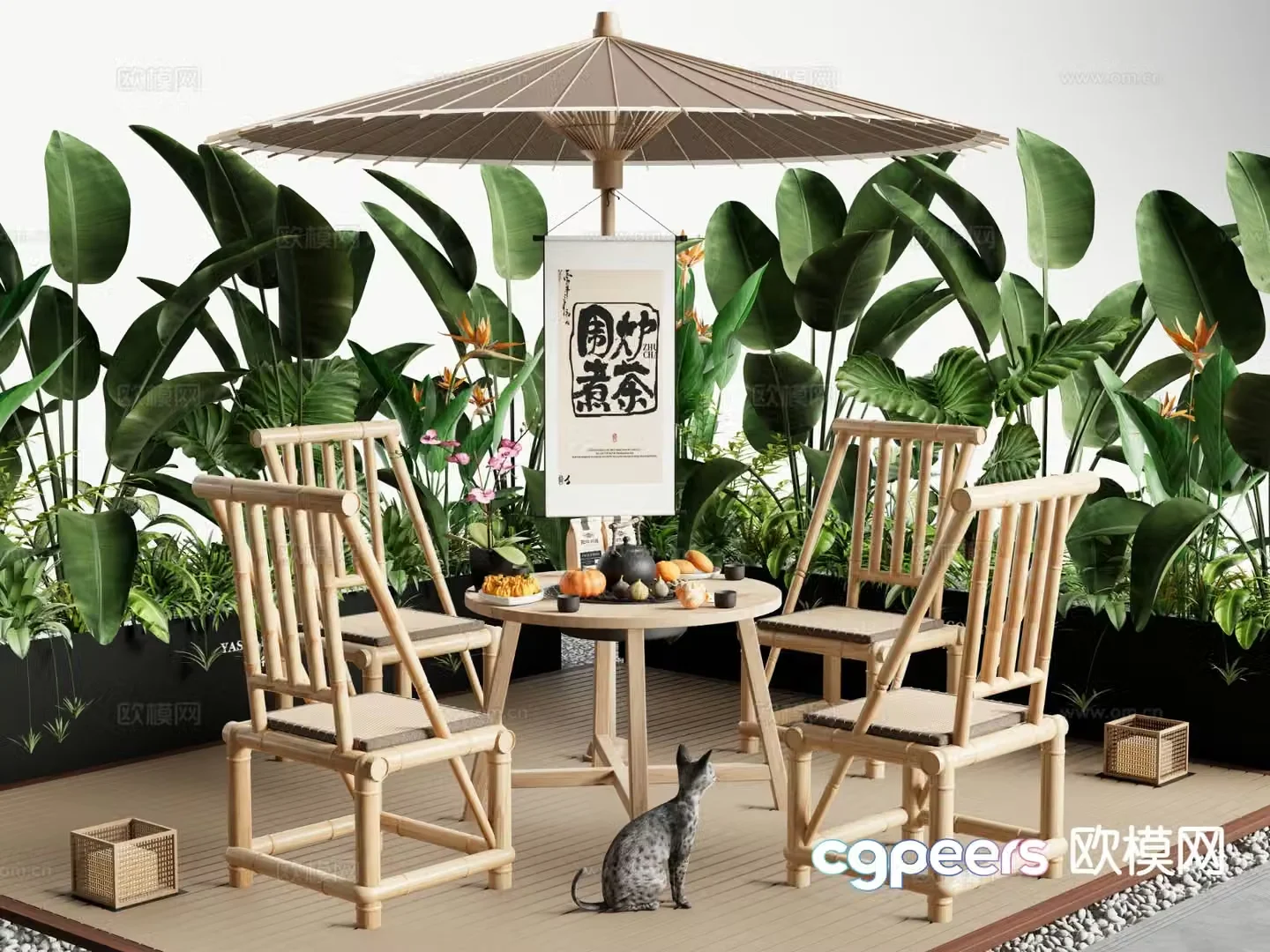 Wabi-sabi outdoor tables and chairs bamboo woven tables and chairs 3d model