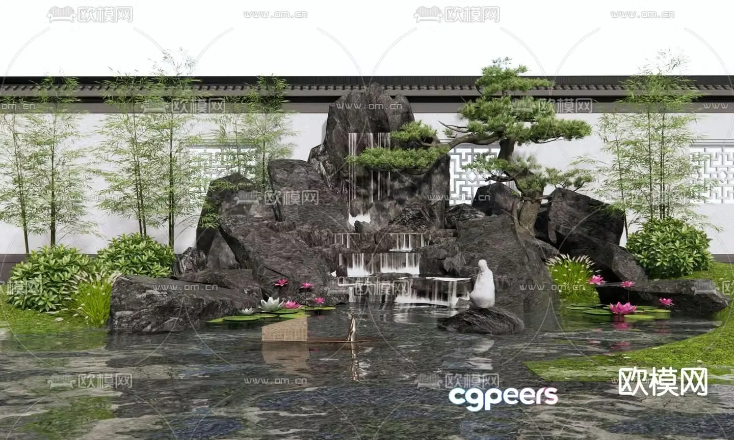 New Chinese style rockery waterscape waterfall courtyard sketch 3D model