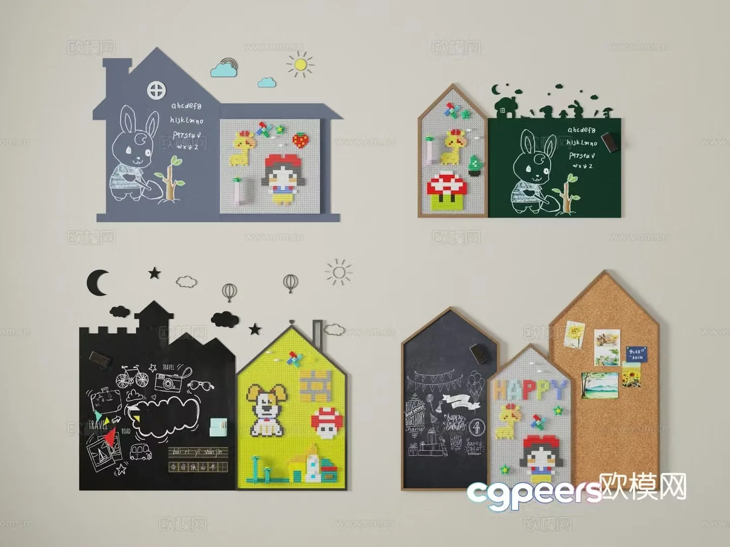Children’s room building block blackboard wall cork board 3d model