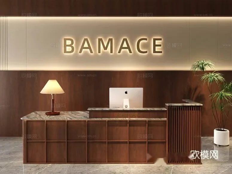 The Main Subject Is A Modern Office Reception Desk With A Computer And Lamp On 3D Model – 13003 – VRAY Render