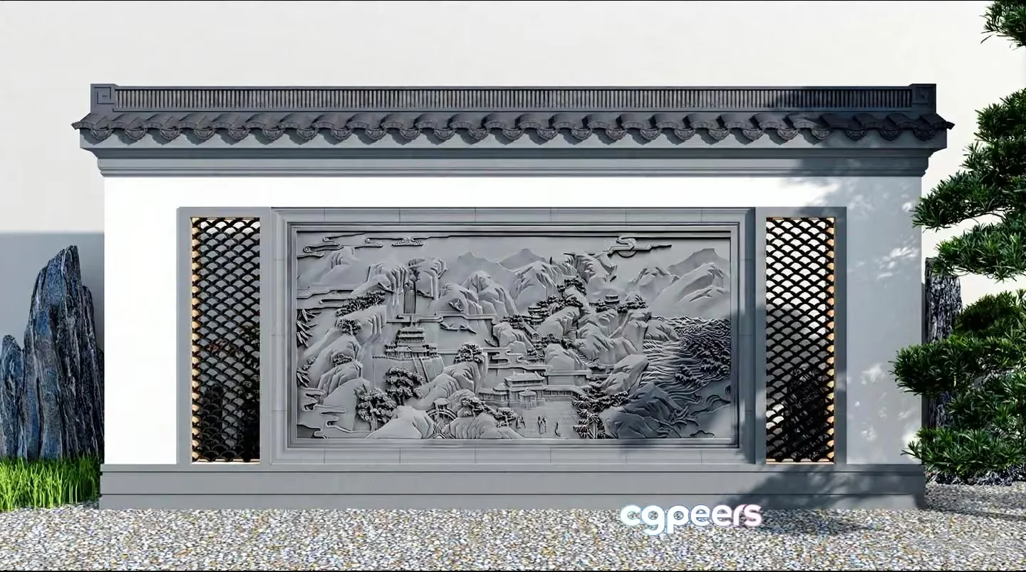 The Main Subject Is A Gray Wall With A Relief Sculpture 3D Model – 22326 – VRAY Render