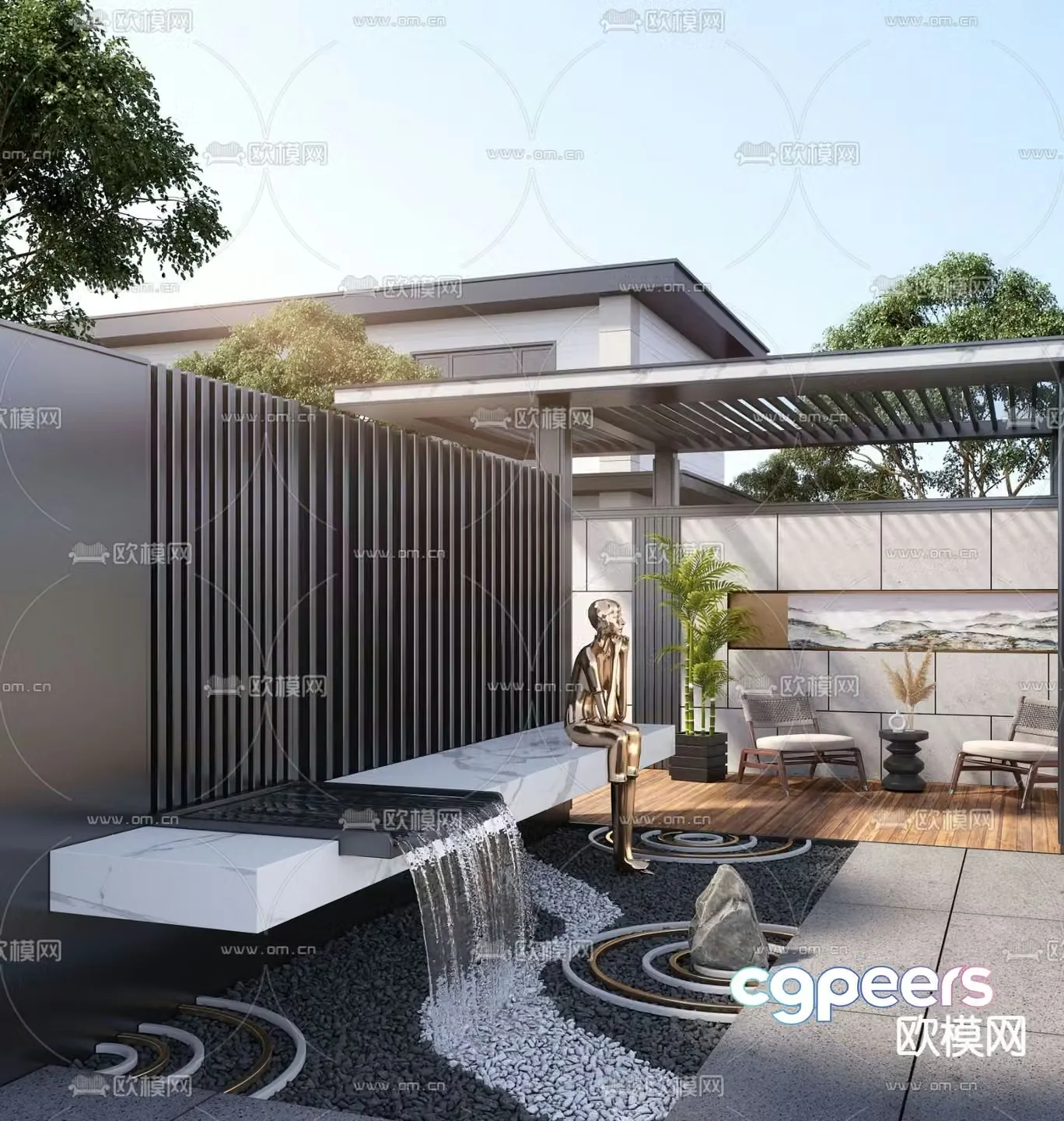 Courtyard water feature wall flowing water 3D model