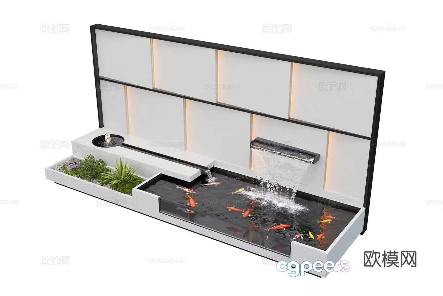 Modern courtyard waterscape waterscape wall stacked water landscape plants fish pond 3d model