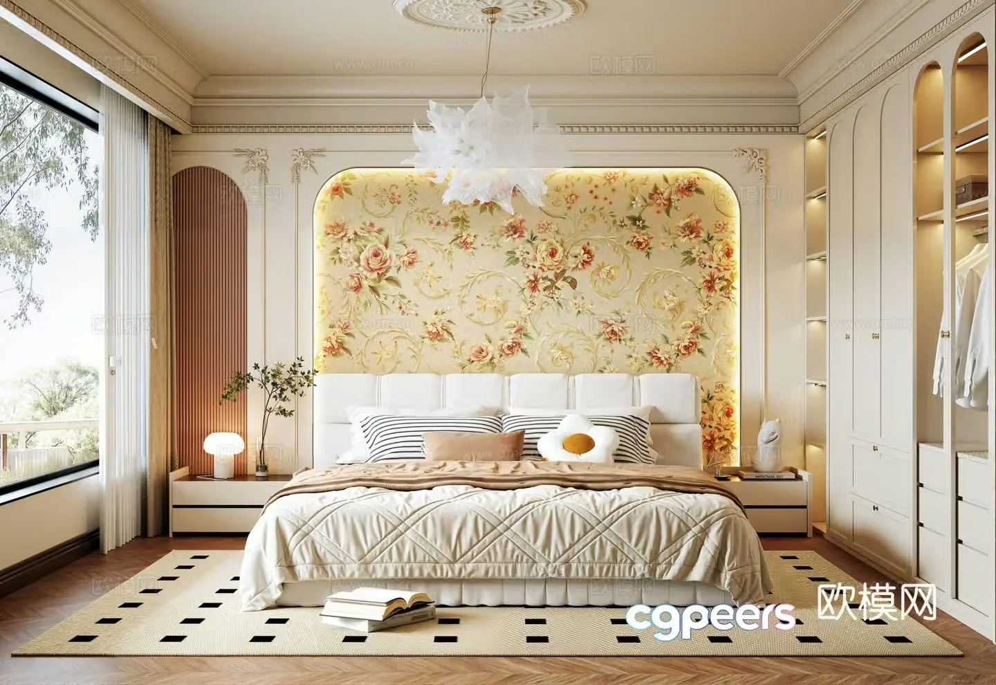 French creamy bedroom bedside background wall chandeliers wardrobe double bed bedside table 3d model