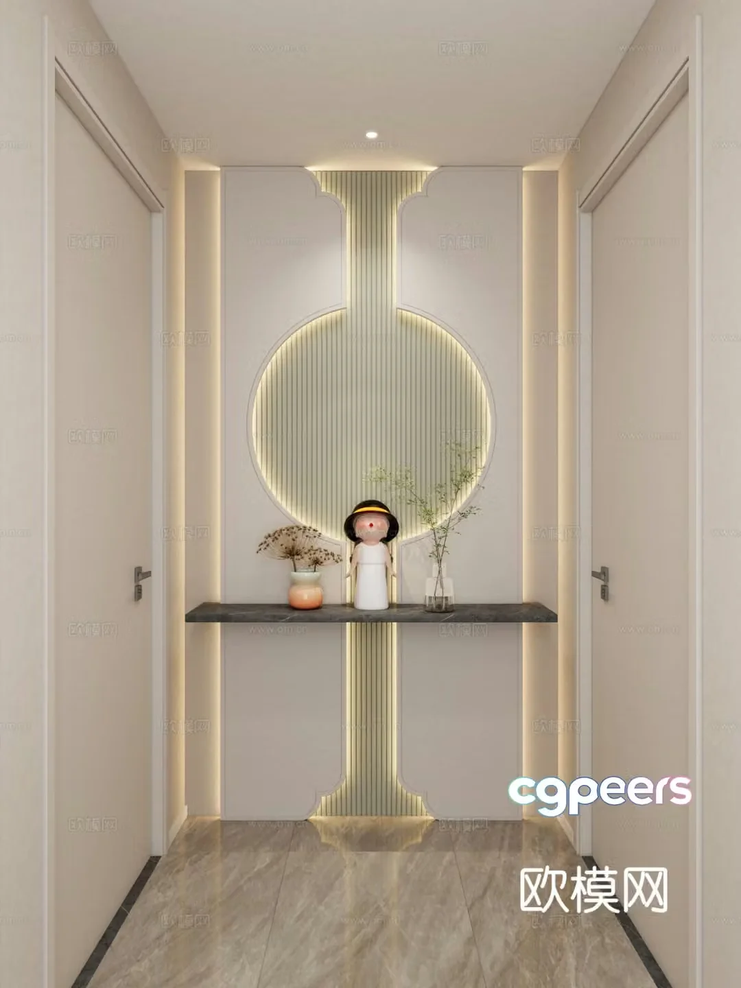 Cream style corridor end view entrance aisle 3D model