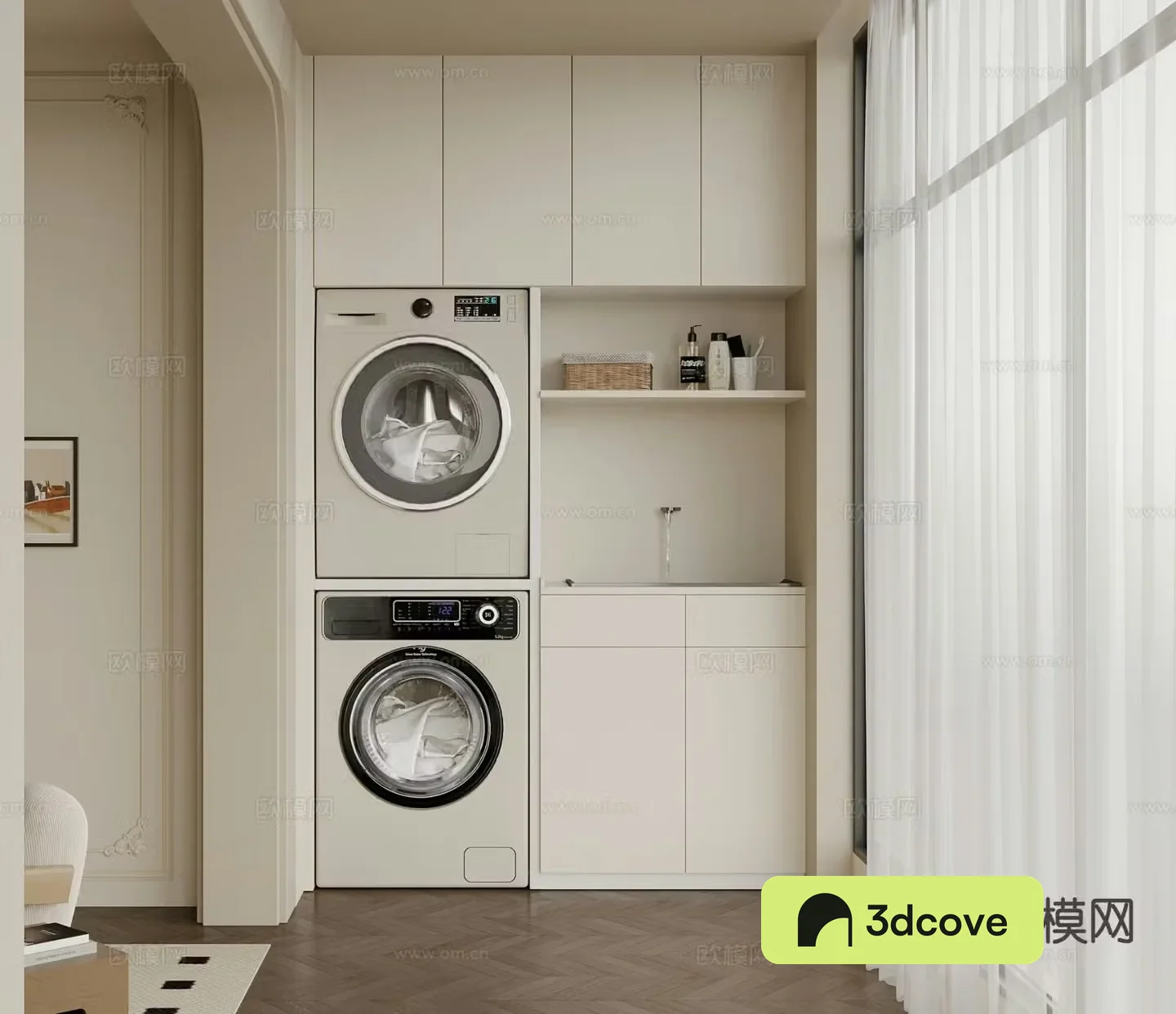 Cream style balcony cabinet washing machine cabinet