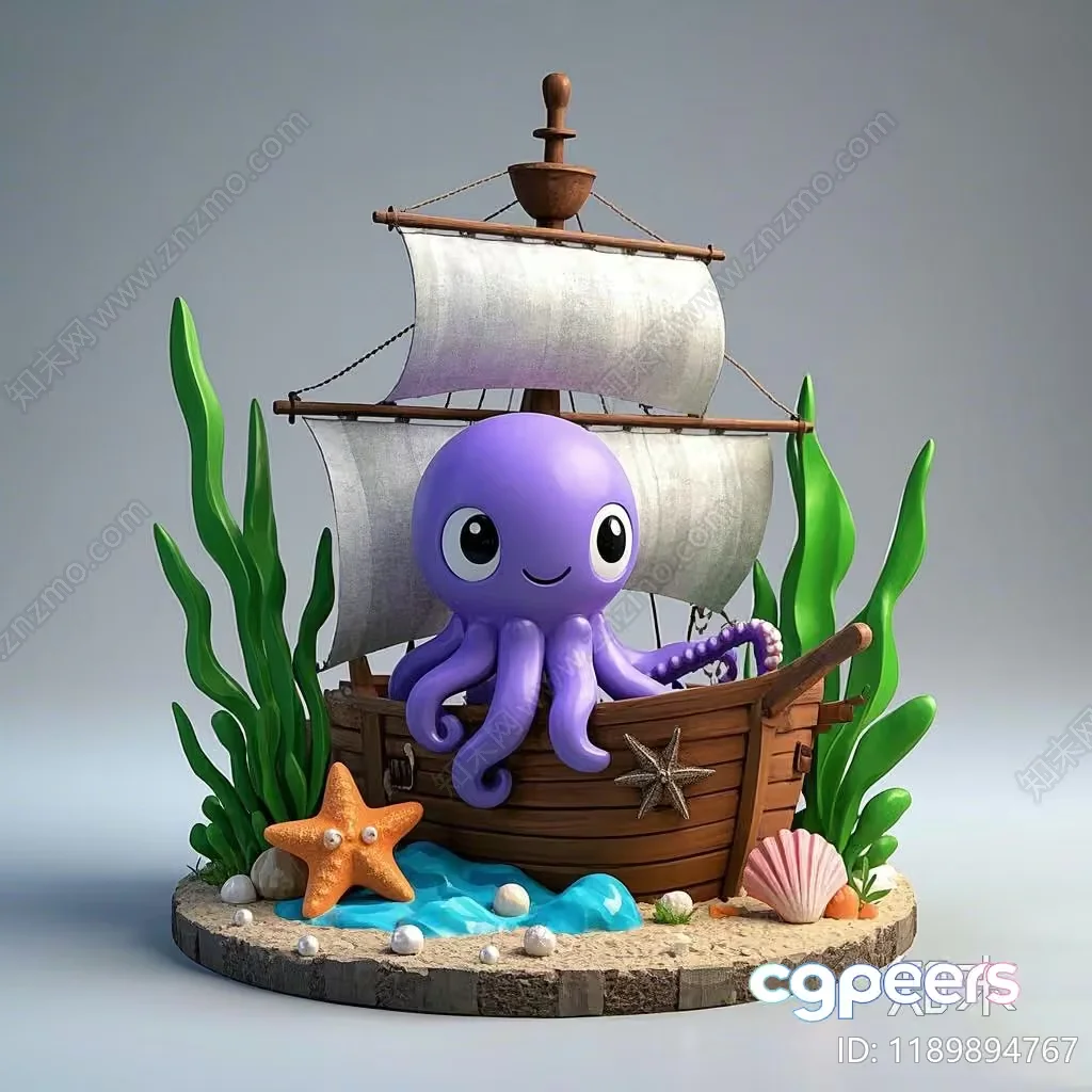 A Cartoon Octopus In A Boat 3D Model – 14647 – VRAY Render