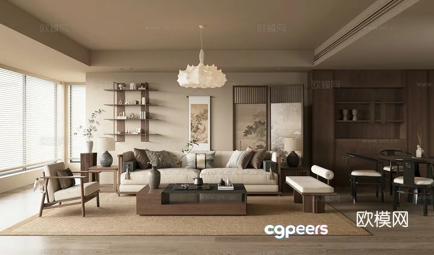 New Chinese-style home living room large living room integrated design of living and dining sofa and coffee table combination 3D model