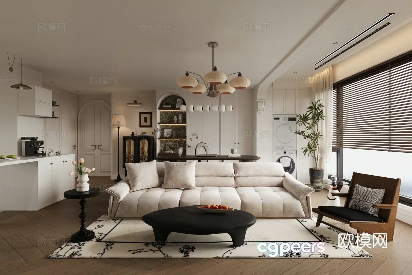 French home living room small living room sofa and coffee table combination horizontal living room 3D model