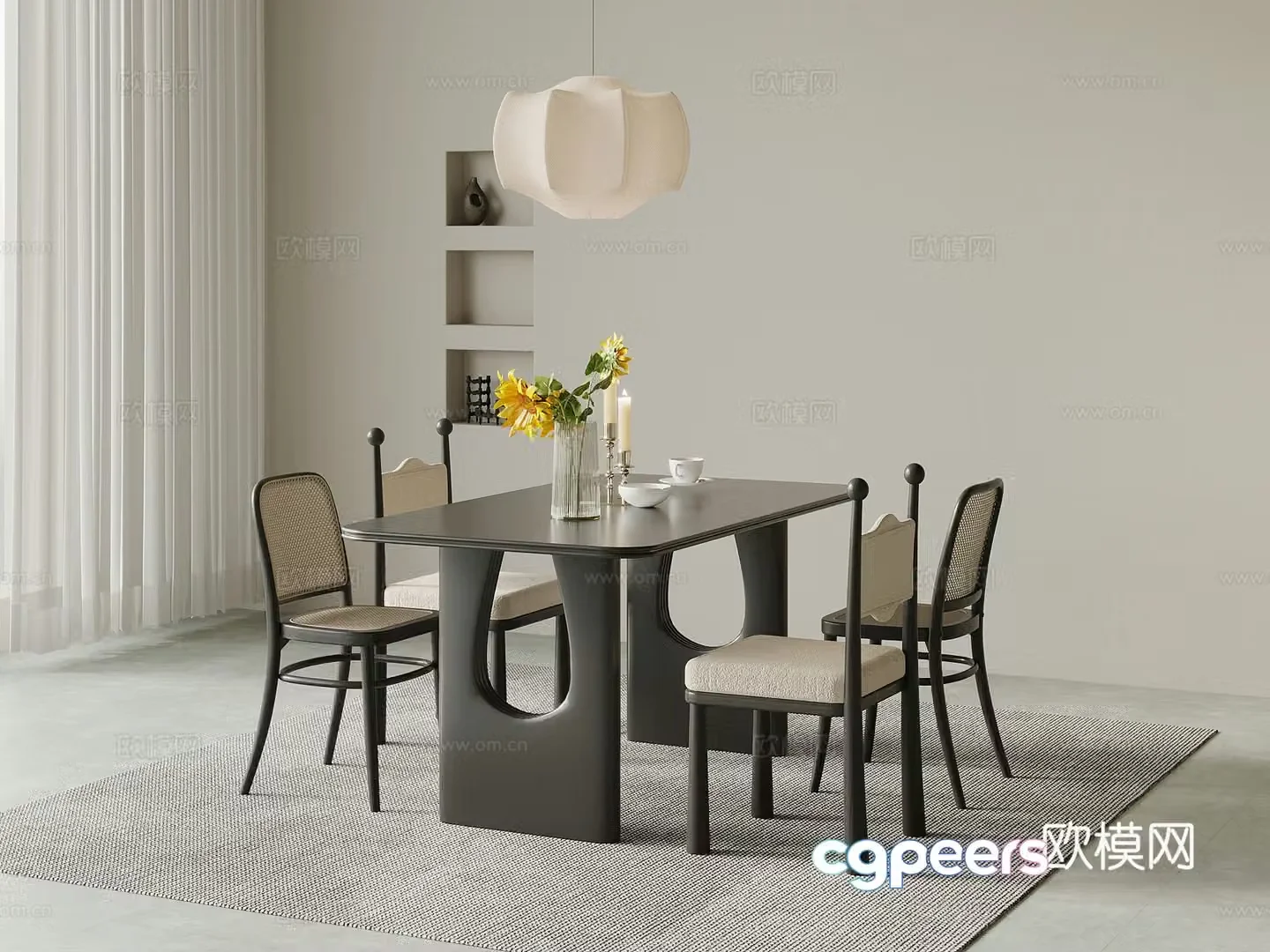 Dining table and chair French retro style solid wood dining table and chairs Long dining table ornament accessories 3D model