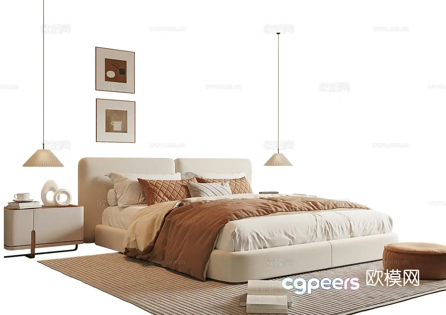 Modern cream style double bed 3d model