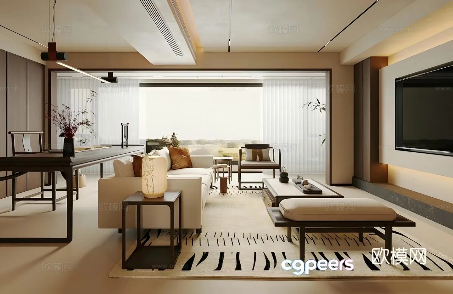 New Chinese Zen Home Living Room Song-style Aesthetic Living Room Chinese Living Room Chinese Sofa Coffee Table Combination 3D Model