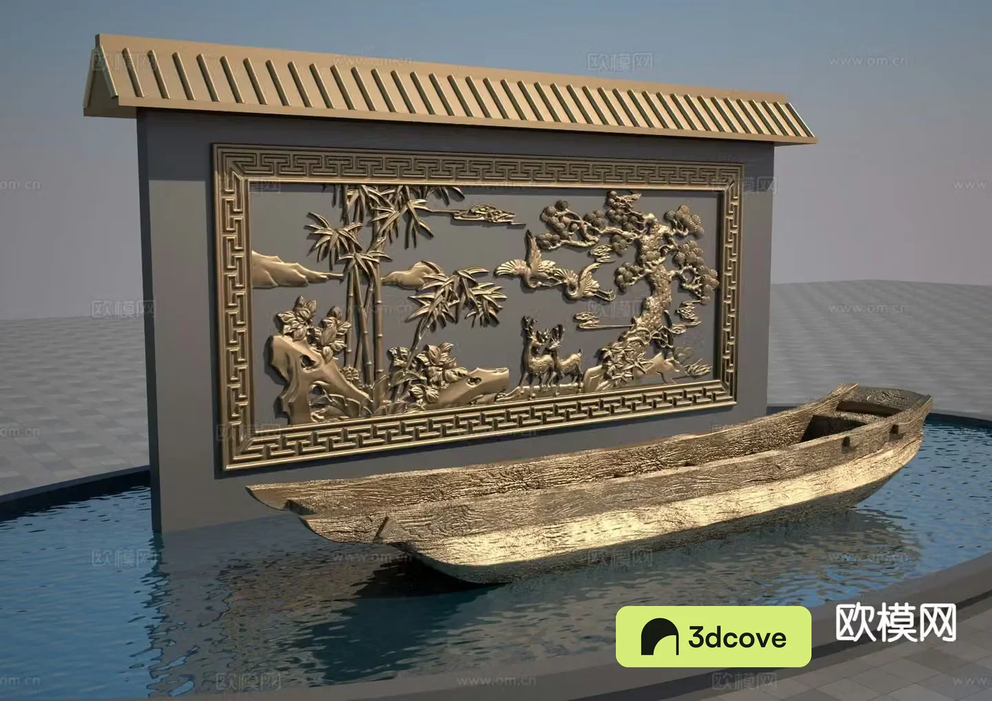 Landscape relief wooden boat sculpture landscape