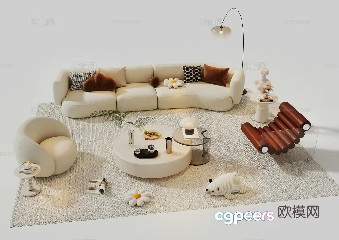 Modern cream sofa combination casual sofa sofa sofa coffee table combination 3d model