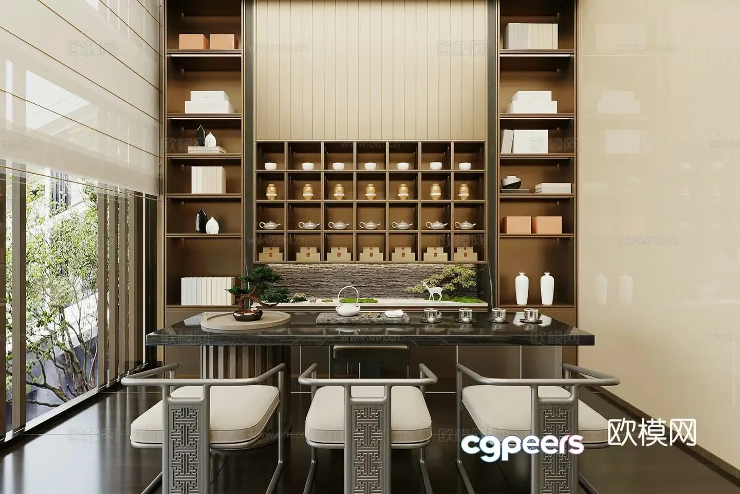 New Chinese-style Zen tea room tea tasting area tea table and chair combination living room tea room Song-style aesthetic tea room 3D model