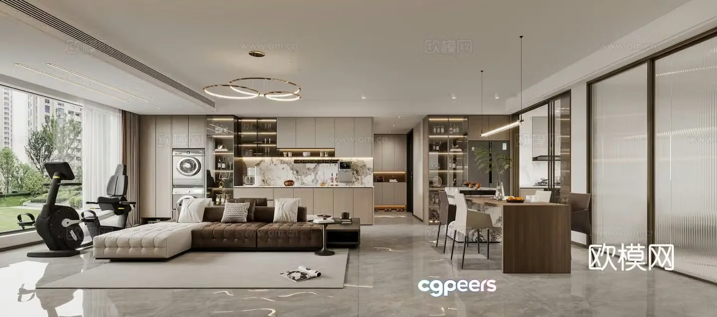 Modern Italian dining room sofa combination dining table and chair combination wine cabinet sideboard TV wall 3D model