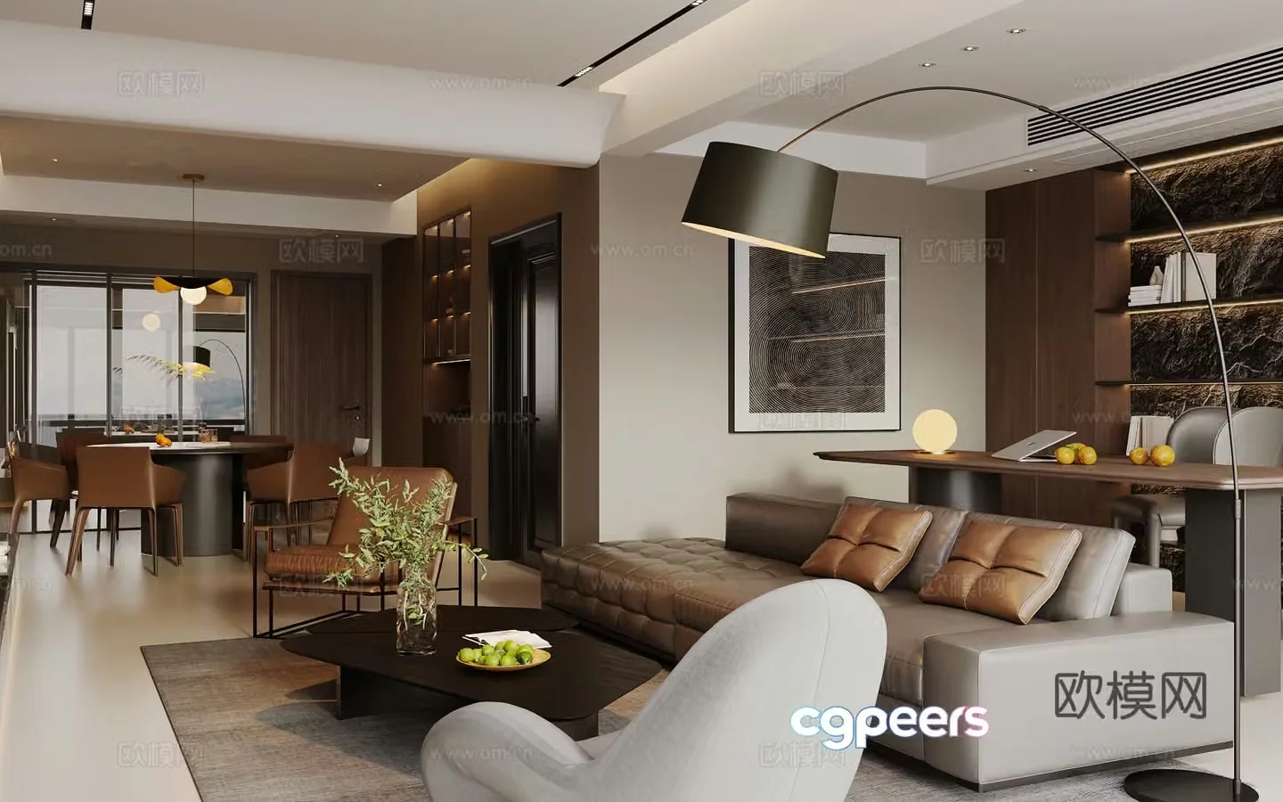 Modern living and dining room sofa coffee table Italian light luxury living and dining room large flat floor living and dining room horizontal living room 3D model