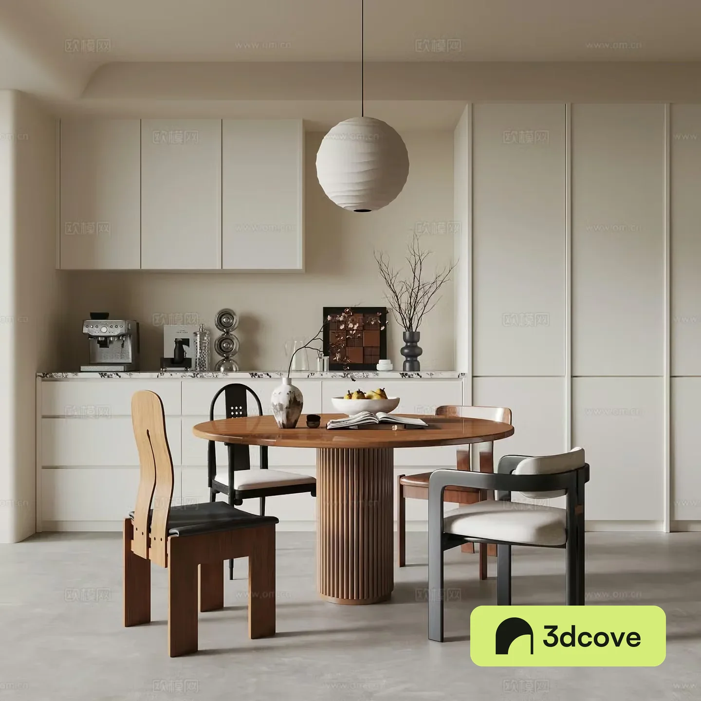 Middle style restaurant dining table chair wine cabinet 3d model