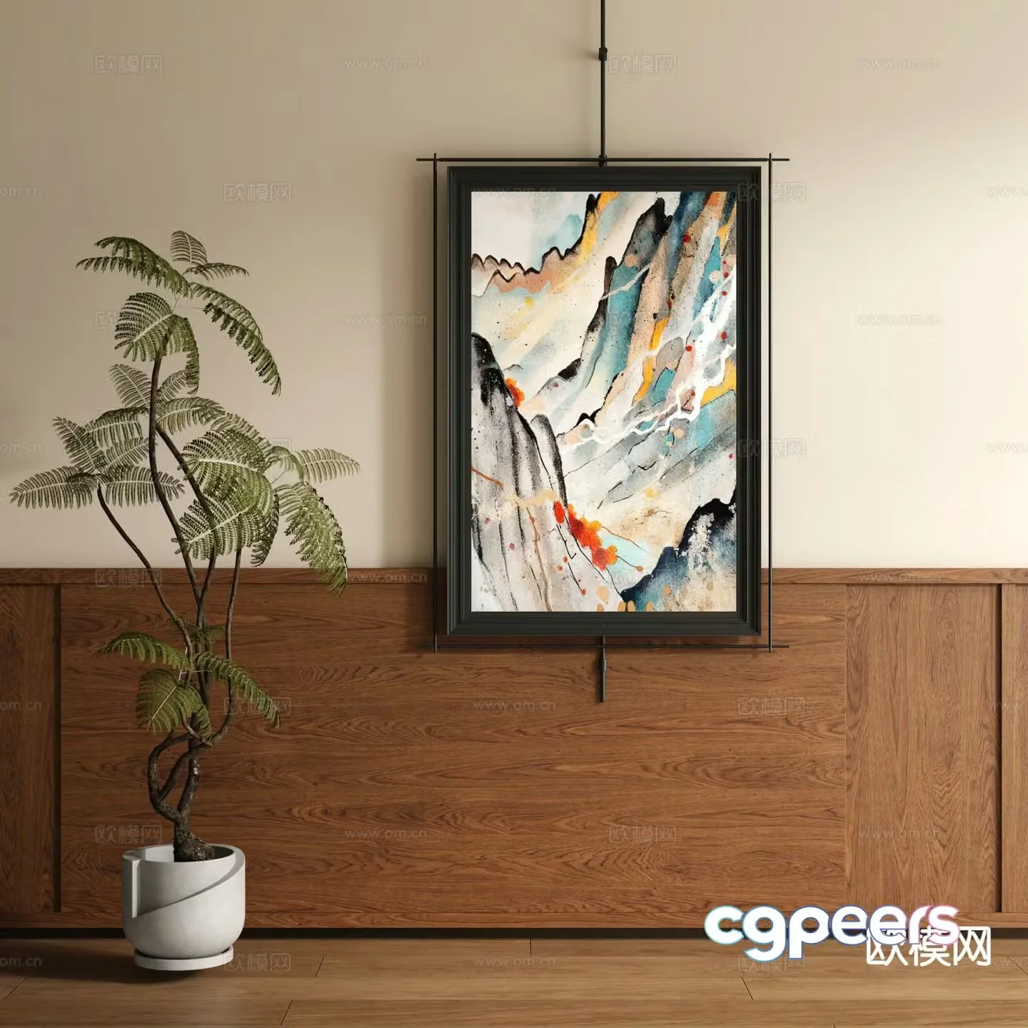 New Chinese style decorative painting metal pole hanging painting Zen painting 3D model