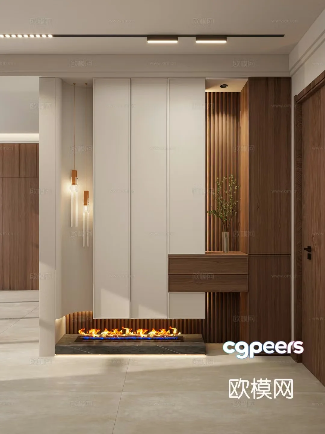 Middle style Log wind Skeleton line Flame fireplace Suspended roof Track lights Entrance entrance 3D model