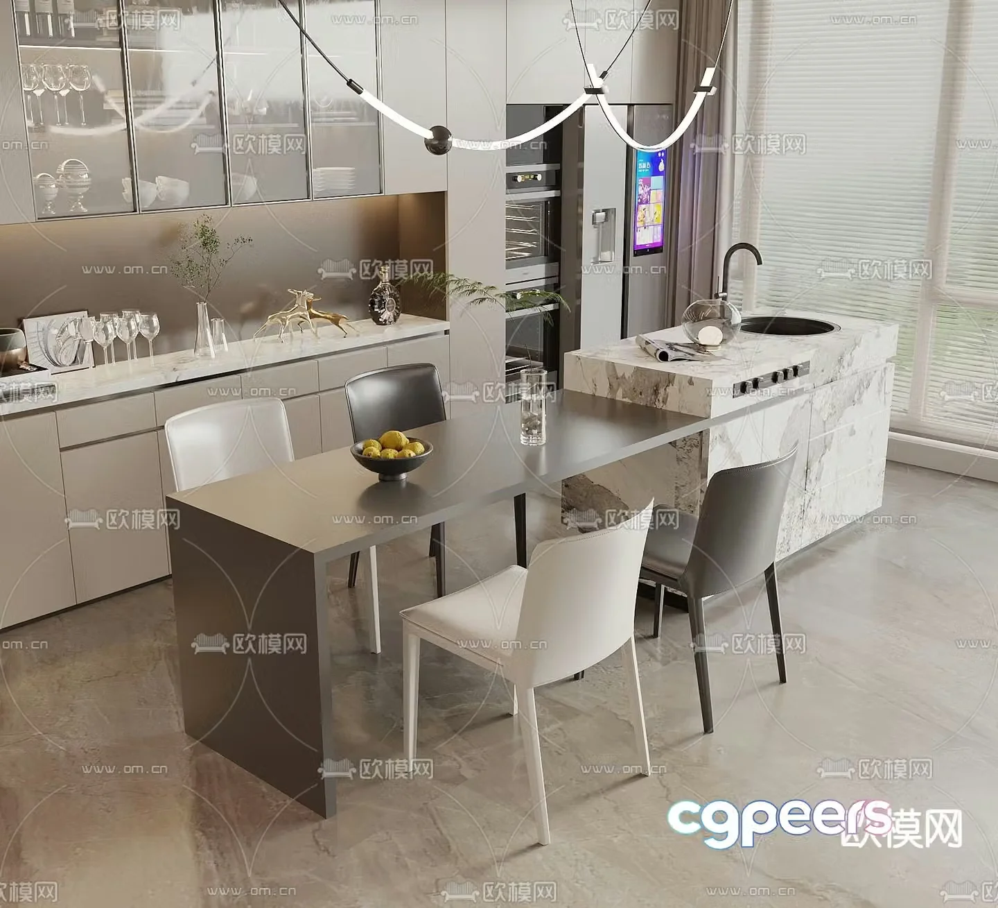 Island dining table and chairs 3d model