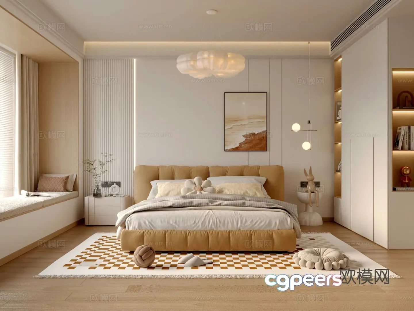 Modern creamy bedroom 3d model