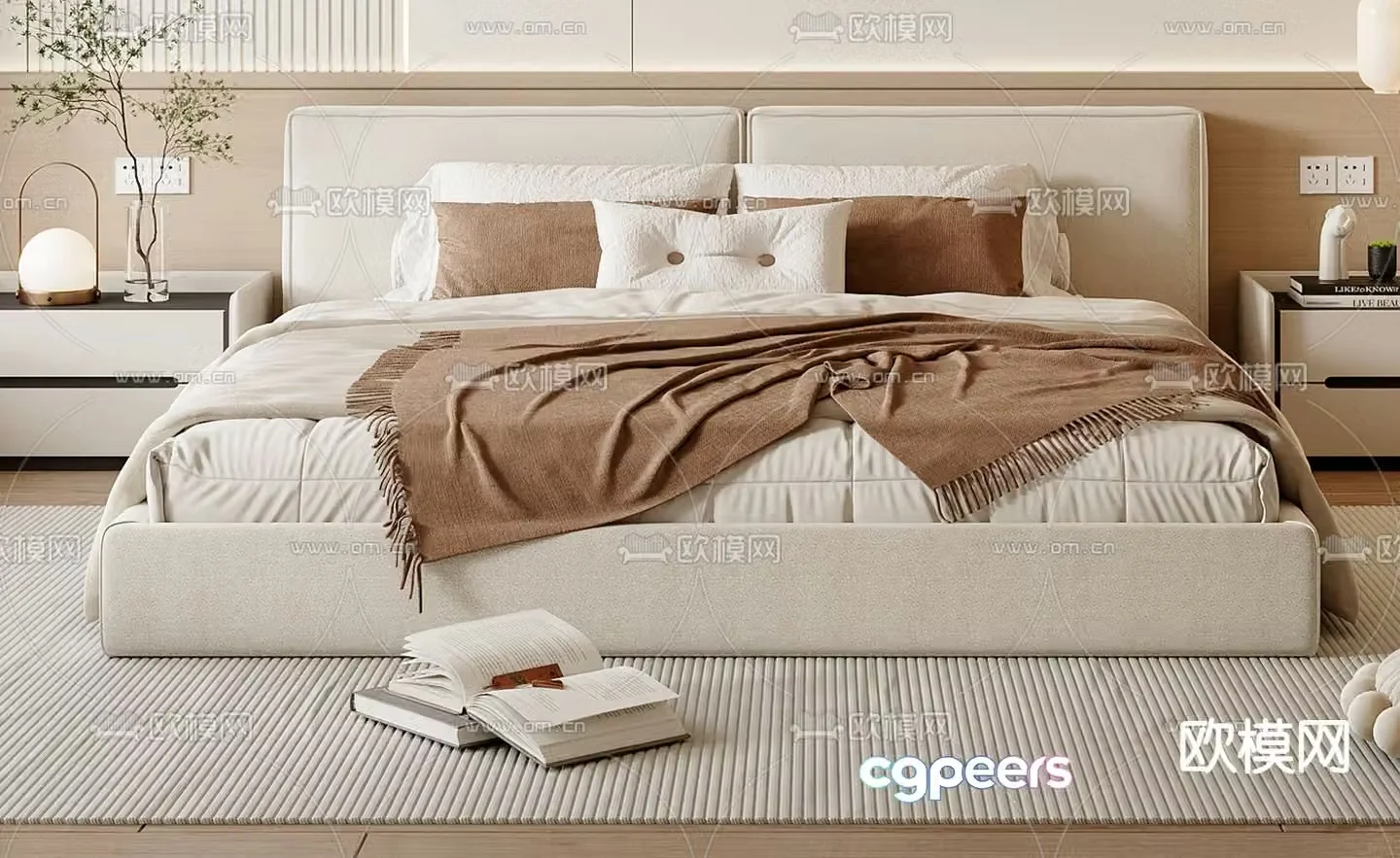 Cream style double bed 3d model
