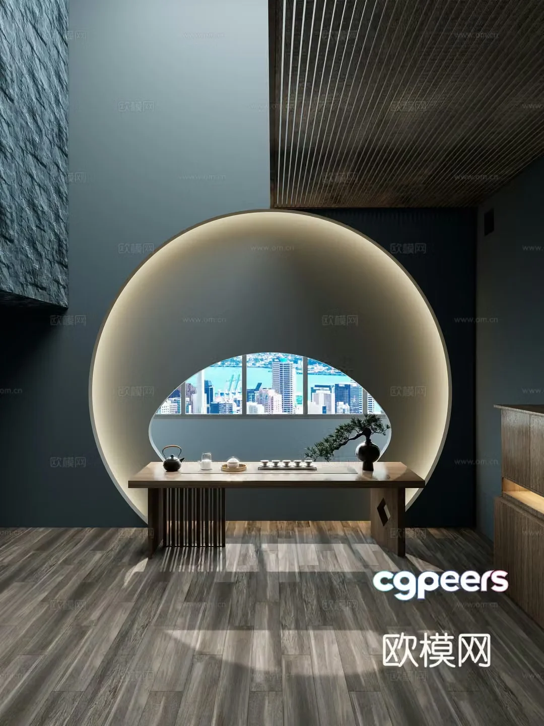 New Chinese tea table and chairs Moon Cave background wall 3D model