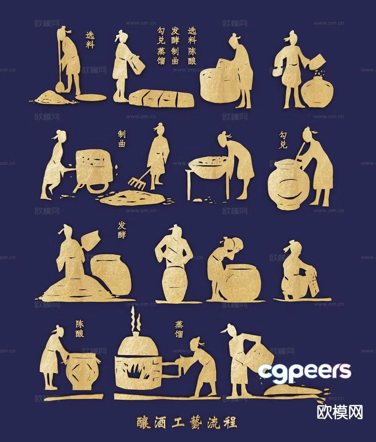 Wine making process silhouette icon element wall decoration pendant 3d model