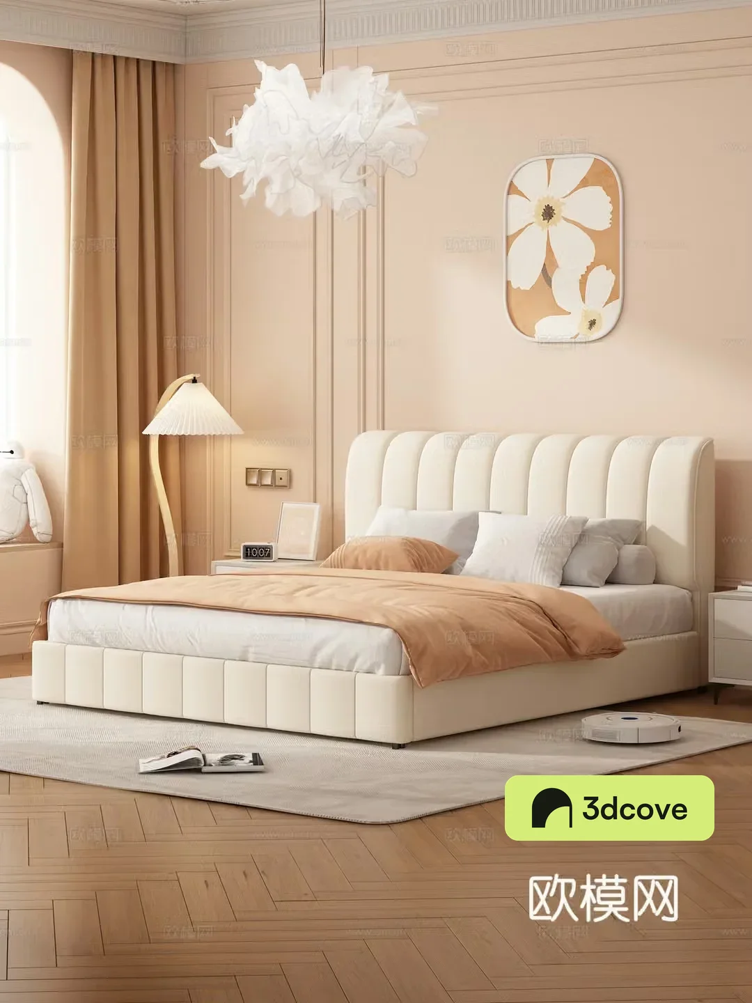 Soft packed double bed Cream home bedroom Master bedroom Bedside table Chandelier Floor lamp Decoration